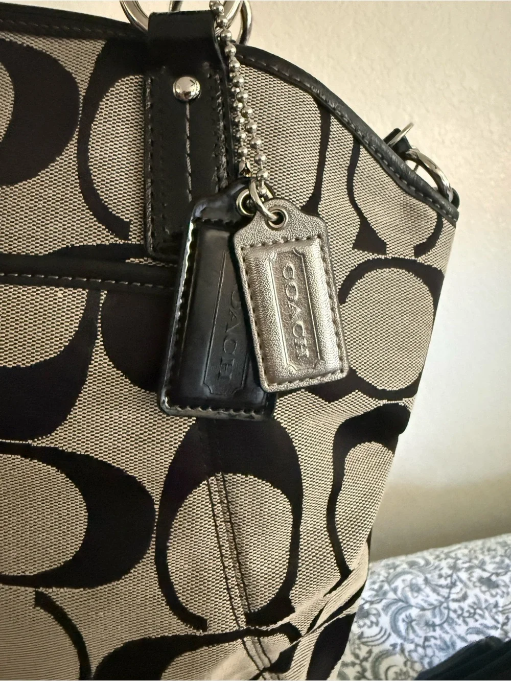 Coach Shoulder Bag in Black and Beige Signature Canvas & Wallet + Cleaner